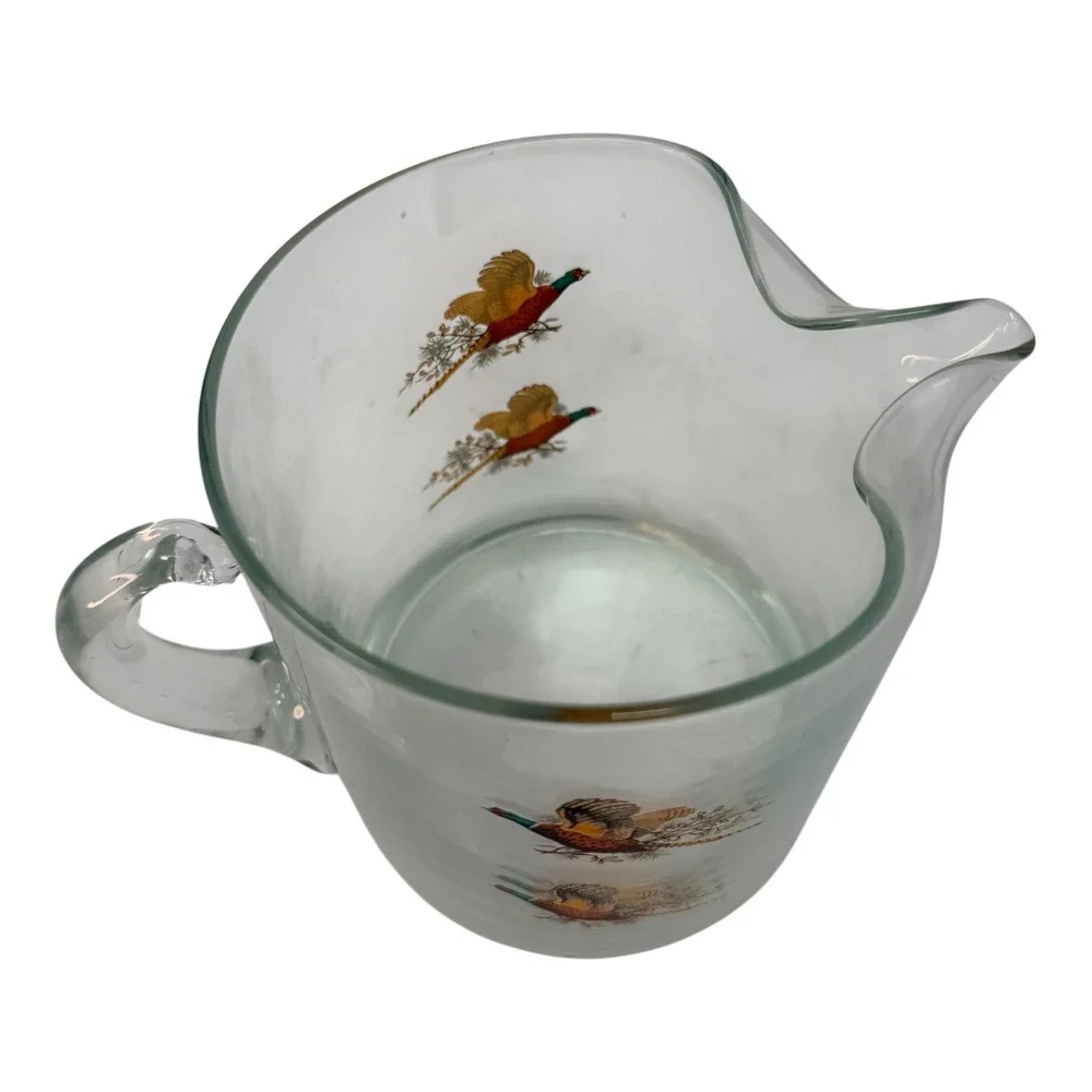 West Virginia Glass Pheasant Cocktail Pitcher 1960s Glass Clear 5.25in Ice Lip